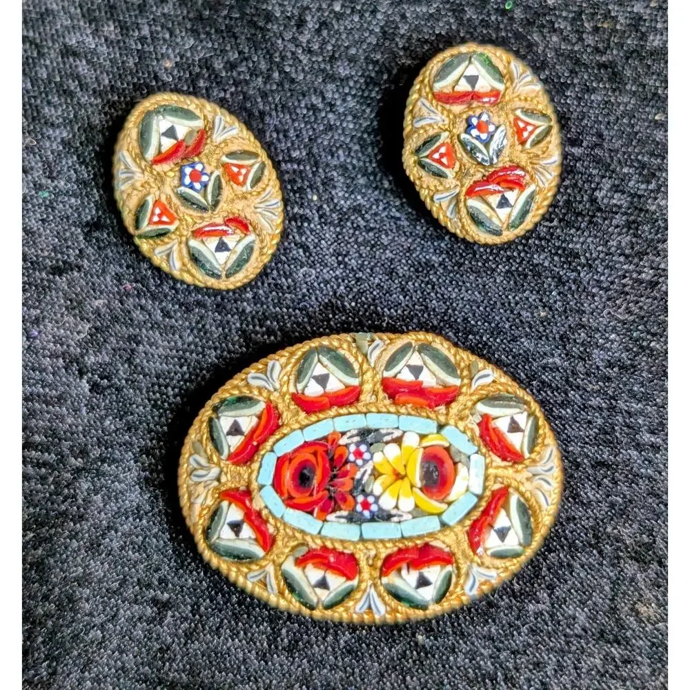 Antique Italian Micro Mosaic Multi Color Brooch & Matching Clip On Earrings
